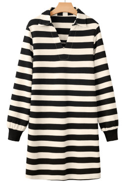 Black Stripe Pocket Collared V Neck Loose Fit Mini Dress