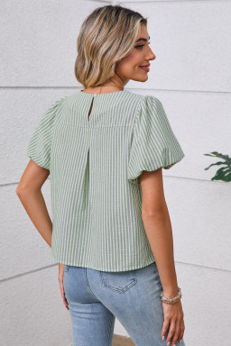 Green Striped Center Seamed Puff Sleeve Top