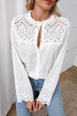 White Eyelet Lace Patchwork Textured Blouse