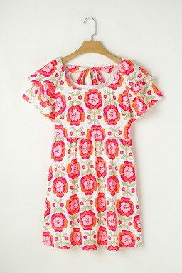 Rose Floral Print Layered Ruffle Sleeve Mini Dress