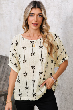 Beige Bow Print Striped Puff Short Sleeve Blouse