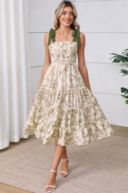 Green Floral Smocked High Waist Tiered Midi Dress