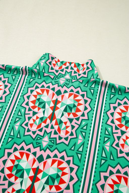 Sea Green Boho Geometric Print Pop of Color Neckline Blouse