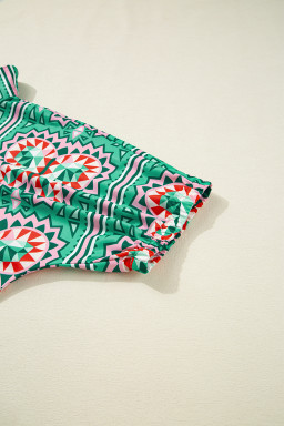 Sea Green Boho Geometric Print Pop of Color Neckline Blouse