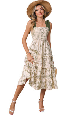 Green Floral Smocked High Waist Tiered Midi Dress