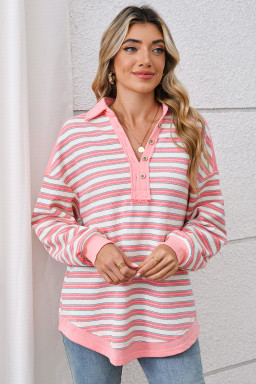 Pink Stripe Collared V Neck Drop Shoulder Top