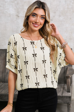 Beige Bow Print Striped Puff Short Sleeve Blouse