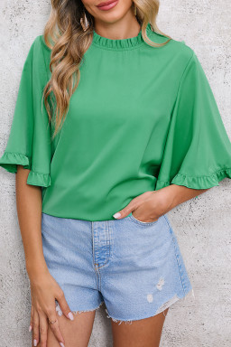 Green Frilly Round Neck Wide Half Sleeve Blouse