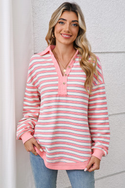 Pink Stripe Collared V Neck Drop Shoulder Top