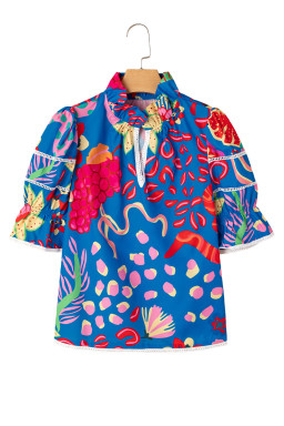 Blue Frill V-neck Abstract Print Blouse
