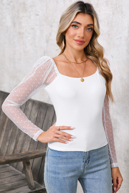 White Dotted Mesh Long Sleeve Cropped Blouse