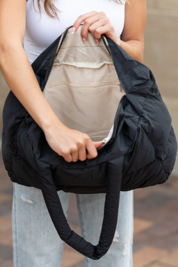 Black Solid Quilted Puffy Zipped Large Tote Bag