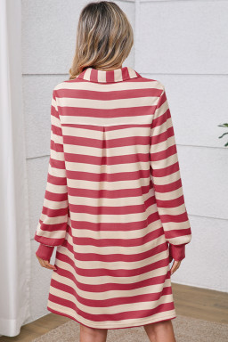 Pink Stripe Pocketed Collared V Neck Loose Fit Mini Dress