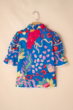 Blue Frill V-neck Abstract Print Blouse