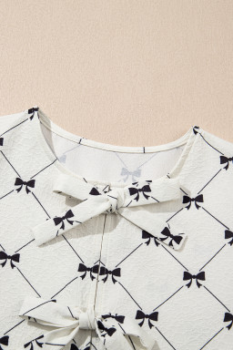 White Checkered Bow Print Knot Front Puff Sleeve Blouse