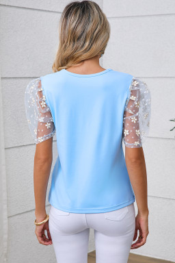 Beau Blue Flower Mesh Sleeve Slim Fit Blouse