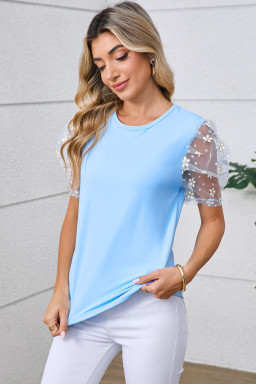 Beau Blue Flower Mesh Sleeve Slim Fit Blouse