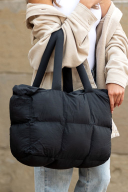 Black Solid Quilted Puffy Zipped Large Tote Bag