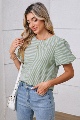 Green Striped Center Seamed Puff Sleeve Top