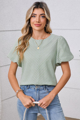Green Striped Center Seamed Puff Sleeve Top