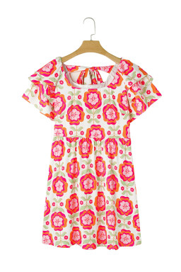 Rose Floral Print Layered Ruffle Sleeve Mini Dress