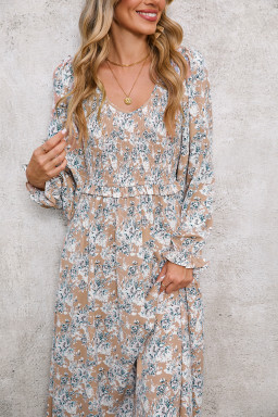 Khaki Floral Smocked Puff Sleeve Maxi Dress
