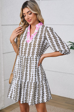 Black Floral Abstract Print Tiered Pop of Color Neckline Dress