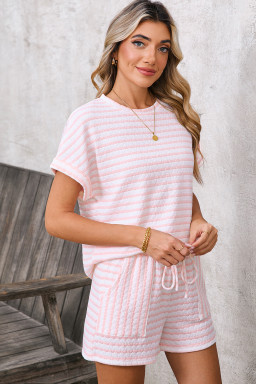 Pink Striped Print Short Sleeve Top and Pocket Shorts Set