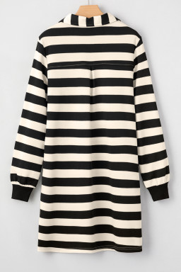 Black Stripe Pocket Collared V Neck Loose Fit Mini Dress
