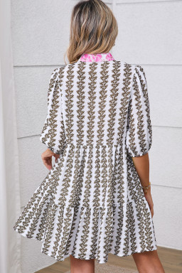 Black Floral Abstract Print Tiered Pop of Color Neckline Dress