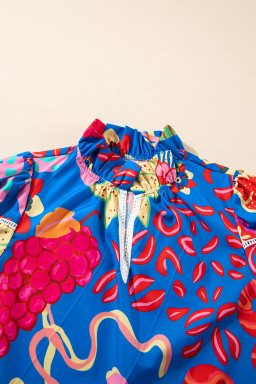 Blue Frill V-neck Abstract Print Blouse