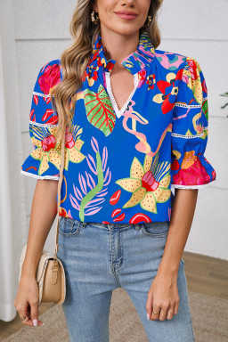 Blue Frill V-neck Abstract Print Blouse