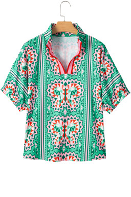 Sea Green Boho Geometric Print Pop of Color Neckline Blouse