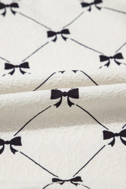 White Checkered Bow Print Knot Front Puff Sleeve Blouse