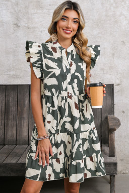 Green Vintage 60s Floral Tiered Pleated Loose Mini Dress