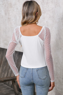 White Dotted Mesh Long Sleeve Cropped Blouse