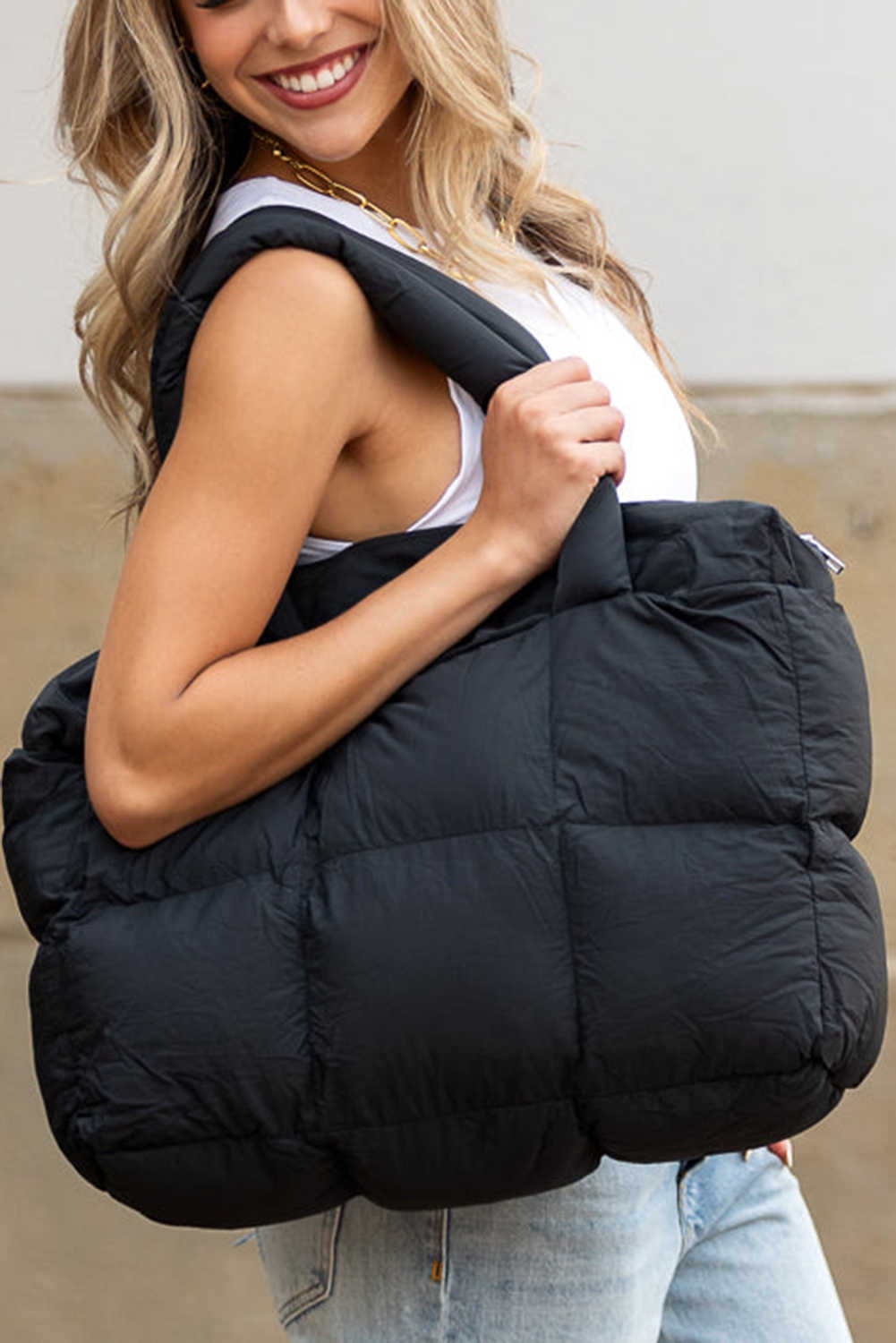 Black Solid Quilted Puffy Zipped Large Tote Bag