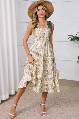 Green Floral Smocked High Waist Tiered Midi Dress