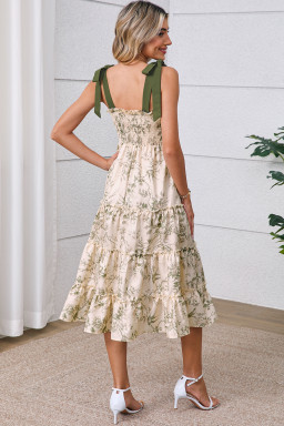 Green Floral Smocked High Waist Tiered Midi Dress