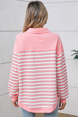 Pink Stripe Collared V Neck Drop Shoulder Top