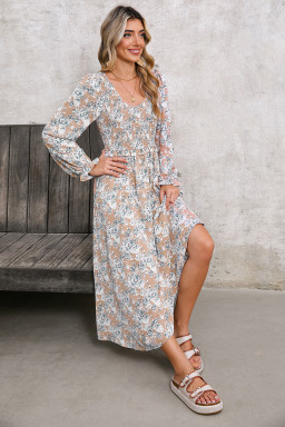 Khaki Floral Smocked Puff Sleeve Maxi Dress