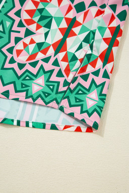 Sea Green Boho Geometric Print Pop of Color Neckline Blouse