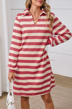 Pink Stripe Pocketed Collared V Neck Loose Fit Mini Dress
