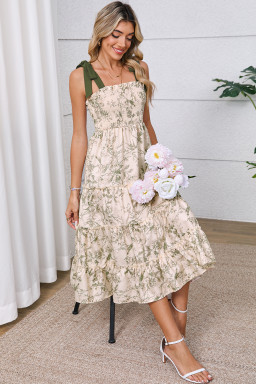 Green Floral Smocked High Waist Tiered Midi Dress