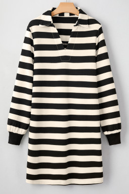 Black Stripe Pocket Collared V Neck Loose Fit Mini Dress