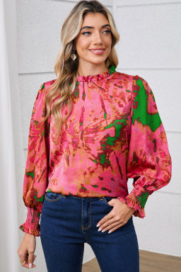 Rose Abstract Print Frill Neckline Smocked Puff Sleeve Blouse