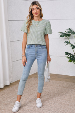 Green Striped Center Seamed Puff Sleeve Top