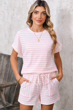 Pink Striped Print Short Sleeve Top and Pocket Shorts Set