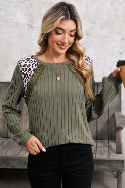 Moss Green Leopard Print Patchwork Crochet Rib Textured Top