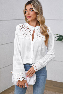 White Eyelet Lace Patchwork Textured Blouse